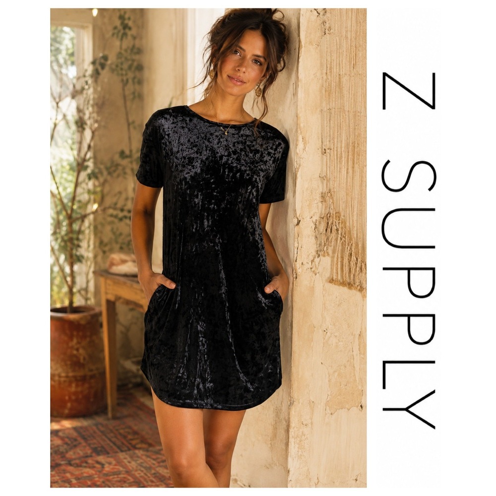 Z Supply Black Crushed Velvet Open Tie Back Soft Stretchy Shift Dress L